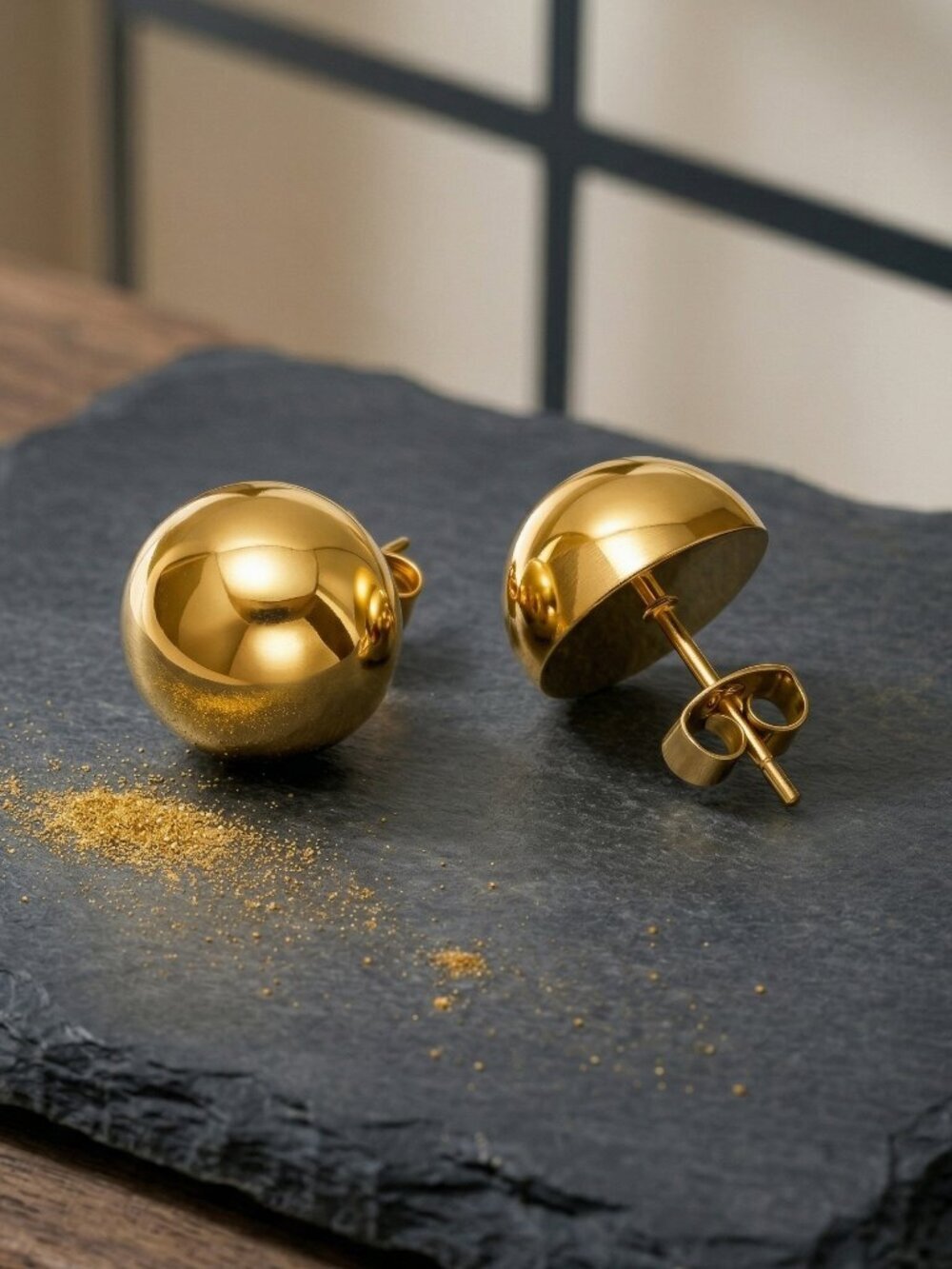 18K Gold Plated Stainless Steel Dome Stud Earrings Minimalist Half Sphere 0.5"